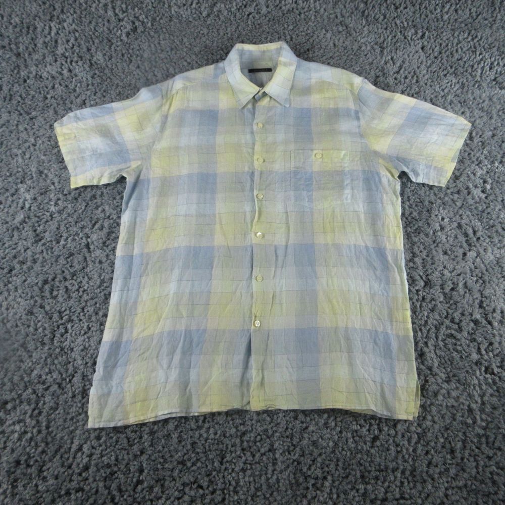 Equilibrio Shirt Mens Large Blue Yellow Plaid Linen Short Sleeve Button Up